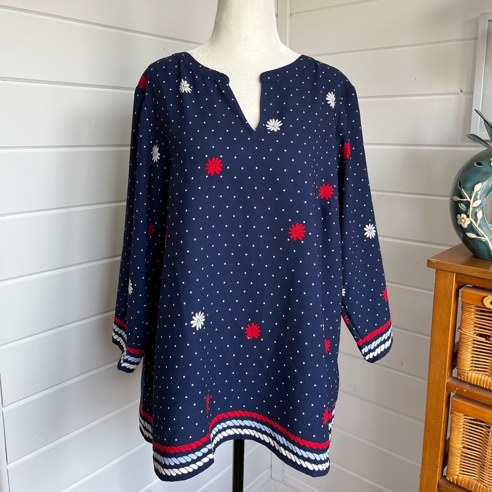 TALBOTS Size 1X Petite Blouse, 3/4 sleeve length, Navy w/ ivory polka dots, NWOT
